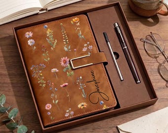 Personalized Wildflower Floral Journal Gift Set, Custom Name Floral Leather Notebook with Pen, Gifts for Her, Teacher Appreciation Gift