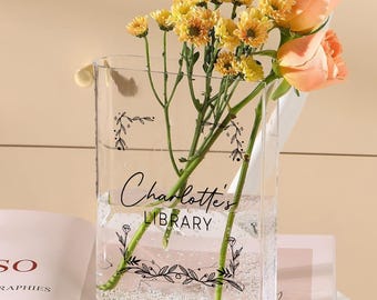 Custom Floral Acrylic Book Vase, Reader Bookshelf Decor Librarian Gift for Book Lovers, Bookworm Gift, Library Sign, Bookish Gift For Her