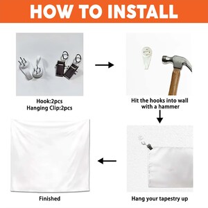 Puede incluir: Diagrama que muestra la instalaci&oacute;n de un tapiz. Detalla el uso de ganchos y clips, martillar los ganchos en la pared y colgar el tapiz. El texto incluye "HOW TO INSTALL", "Hook: 2pcs Hanging Clip: 2pcs", "Hit the hooks into wall with a hammer", "Finished" y "Hang your tapestry up".