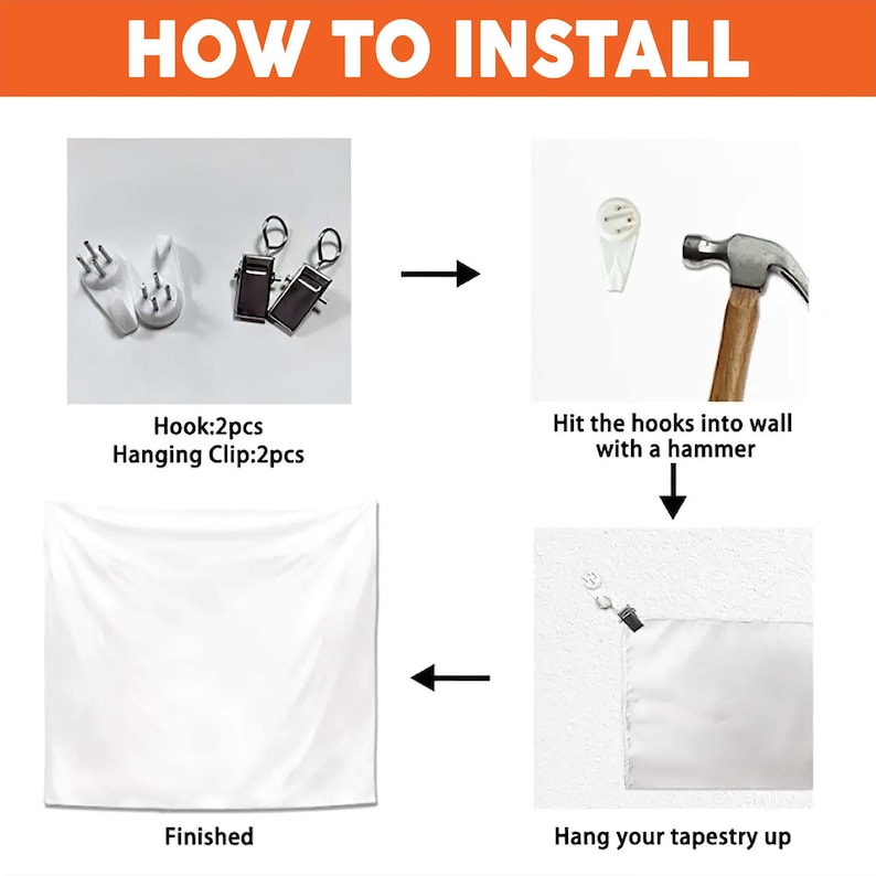 Puede incluir: Diagrama que muestra la instalaci&oacute;n de un tapiz. Detalla el uso de ganchos y clips, martillar los ganchos en la pared y colgar el tapiz. El texto incluye "HOW TO INSTALL", "Hook: 2pcs Hanging Clip: 2pcs", "Hit the hooks into wall with a hammer", "Finished" y "Hang your tapestry up".