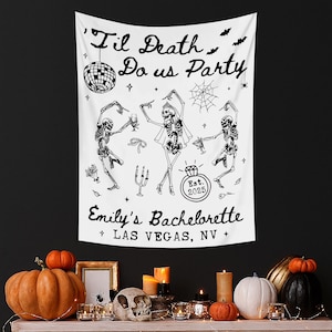 Til Death Do Us Party Bachelorette Banner, Personalized Gothic Skeleton Bride Photo Backdrop Tapestry, Funny Halloween Wedding Favors