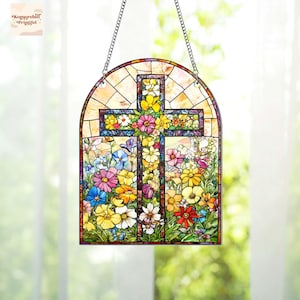 Cross Wildflowers Acrylic Suncatcher Ornament, Jesus Cross Flowers Window Decor, Religious Gifts, Faith Home Decor, Nativity Ornament Gifts