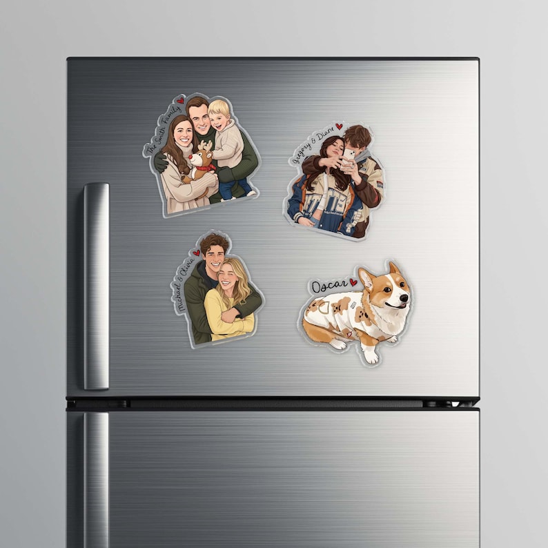 May include: A collection of custom family portrait stickers and a corgi sticker are displayed on a stainless steel refrigerator. The family portrait stickers feature couples and families with names written on them. The corgi sticker has the name "Oscar" on it.