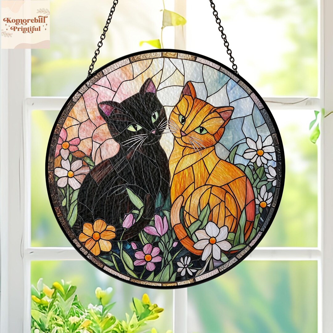 Stained Glass Cat Wildflowers Suncatcher Gift for Cat Mom Mother's Day ...