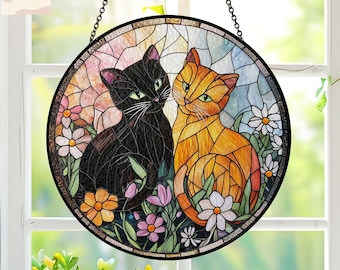 Stained Glass Cat Wildflowers Suncatcher Gift For Cat Mom Mother&#39;s Day Gift, Cat Lover Gift Home Decor, Cat Flowers Cat Mom Feeder Wall Art