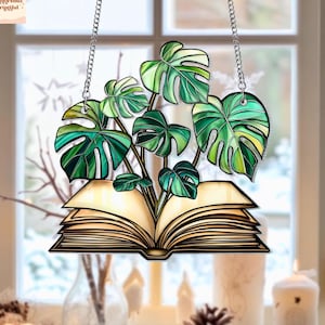 Feuilles de Monstera à accrocher sur une fenêtre en acrylique livresques, attrape-soleil pour livre de plantes, cadeau pour les amoureux des livres, décoration artistique à suspendre pour mur végétal de Monstera
