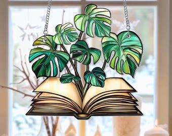 Monstera Leaves Bookish Acrylic Window Hanging, Plant Book Suncatcher, Book Lover Gift, Monstera Plant Wall Window Hanging Art Decoration