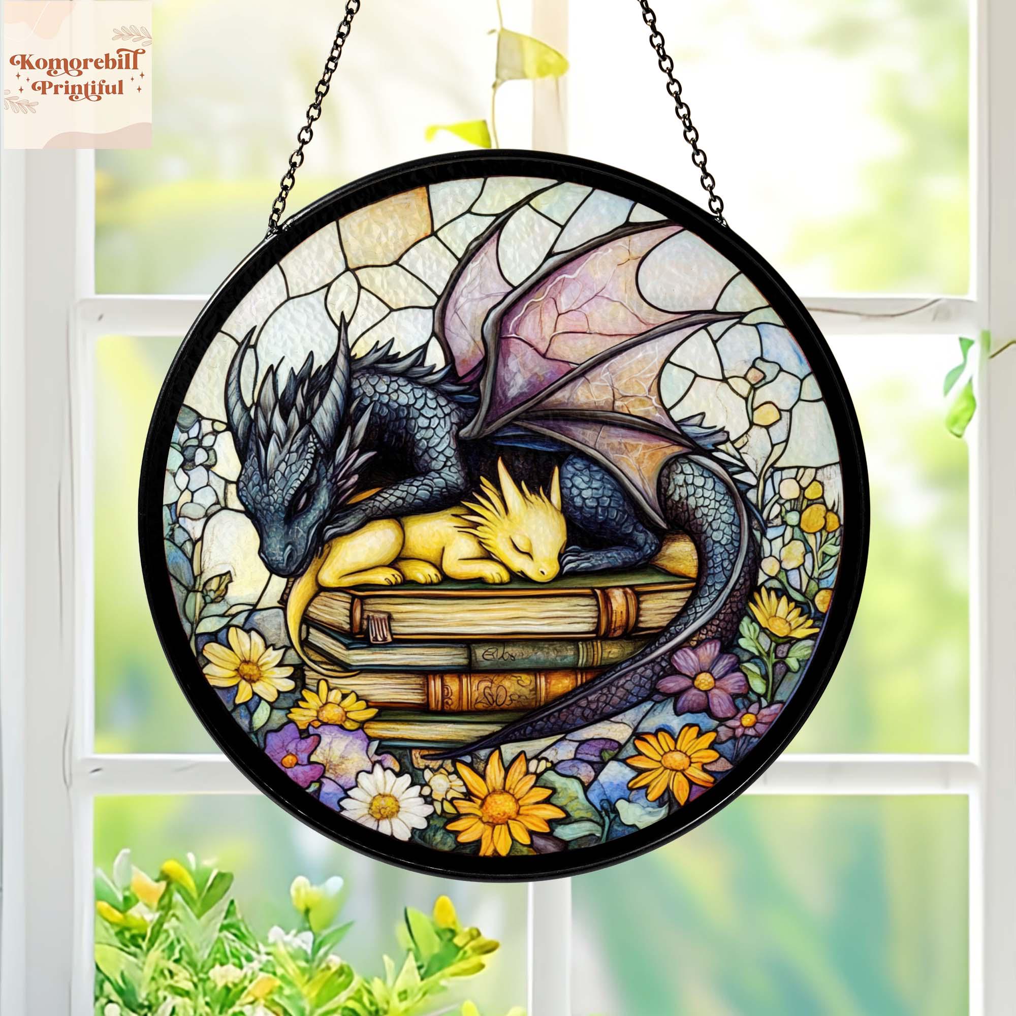 Stained Glass Fantasy Dragon Suncatcher Book Lover Gift 4th Wings Decor Gift For Bookworm Window Hanging Bookish Book Club Gift Dragon Art