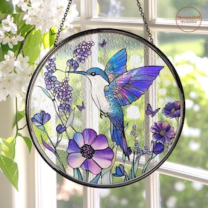Stained Glass Hummingbird Purple Flowers Suncatcher Gifts Wall Art Window Hanging, Hummingbird Art Window Decor Sun Catcher Mothers Day Gift