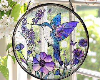 Stained Glass Hummingbird Purple Flowers Suncatcher Gifts Wall Art Window Hanging, Hummingbird Art Window Decor Sun Catcher Mothers Day Gift