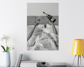 Woman Drinking Wine in Bed Poster Print, Feminist Poster, Black and White, Alcohol Wall Art, Bar Cart Print,Girl Room Decor, Wall Decor