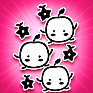 Könnte beinhalten: Drei weiße Cartoon-Apfelfiguren mit schwarzen Umrissen, einfachen Gesichtszügen und kleinen Armen, angeordnet auf einem leuchtend pinken Hintergrund. Das Design enthält drei massive schwarze sternförmige Blumen, die zwischen den Äpfeln verteilt sind.