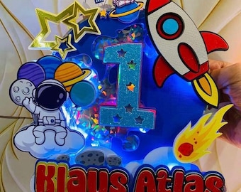 Light-Up Outer Space Cake Topper: Custom Astronaut Party Decor