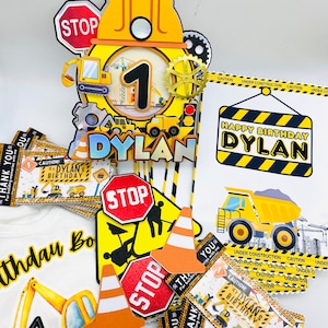 Construction Theme Party Bundle  | Customized Shirt, Fridge Magnet and Cupcake Toppers | Light up Construction | FREE SHIPPING!