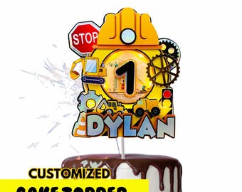 Construction Cake Topper | Custom Name & Age | Trucks Birthday Party Decor | Builder Birthday Cake Decoration | Personalized Boys Party Supp