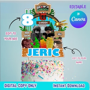 Grow a Garden Roblox Cake Topper | Editable Digital File | Gamer Birthday Decor | Custom Name & Age | Instant Download PDF