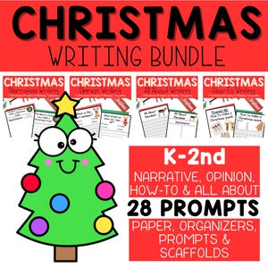 Peut inclure: Un ensemble d'écriture sur le thème de Noël pour les élèves de la maternelle à la 2e année. L'image présente un sapin de Noël de dessin animé avec des ornements colorés et une étoile. Le texte comprend "Christmas Writing Bundle".
