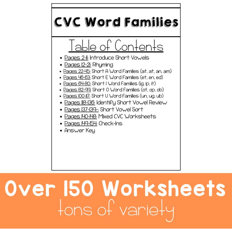 May include: A black and white table of contents for a CVC word families workbook. The table lists the pages for each section, including short vowel sounds, rhyming, and word families. The text at the bottom of the page reads "Over 150 Worksheets tons of variety".