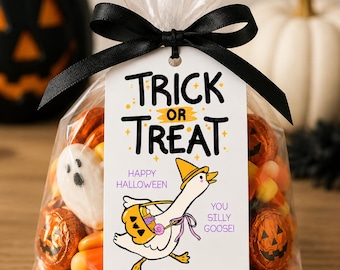 Silly Goose Halloween Gift Tags, Trick or Treat Printable Tags, Kids Halloween Treat Bag Tags, School Classroom Halloween Favor