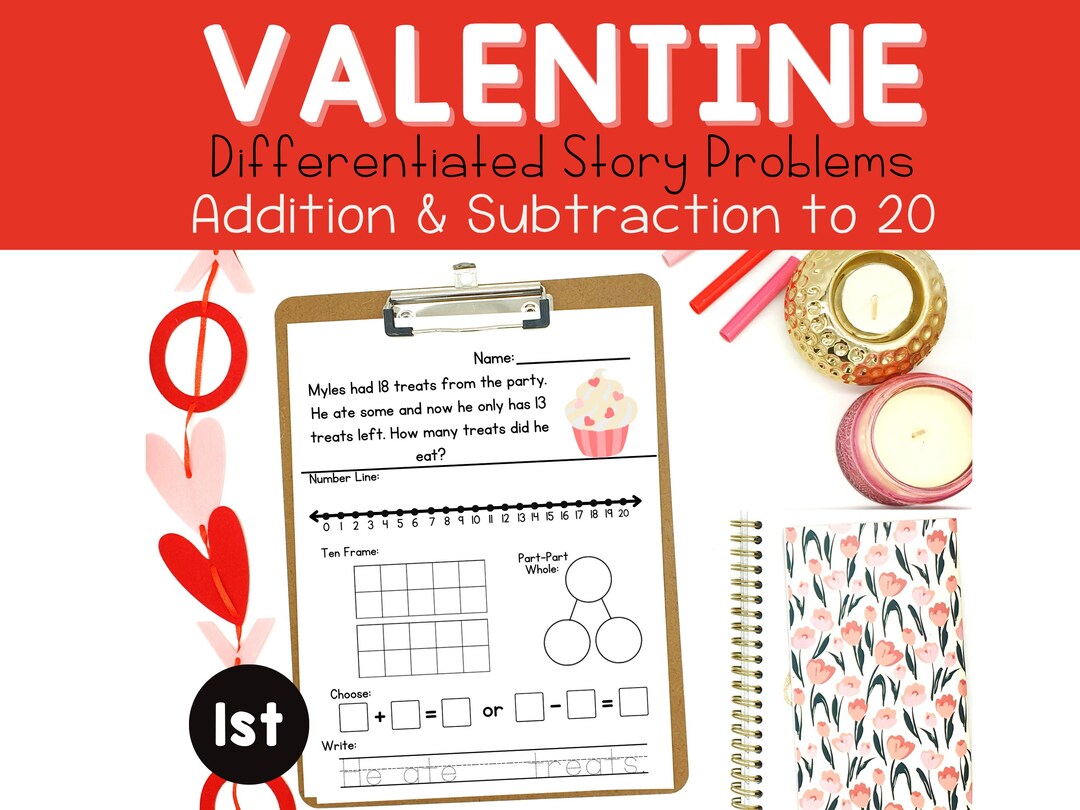 1st Grade Math Valentine's Day Word Problems: Addition & Subtraction ...