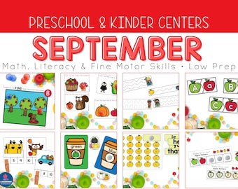 Fall Kindergarten Centers Bundle Low Prep Pre-K Activities, Apples Pumpkins, Back to School
