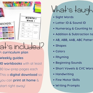 Printable preschool curriculum bundle with 900+ pages of no prep worksheets for homeschool preschool, Pre-K, and daycare. Features monthly themes like school, space, pirate, fairytale, transportation, sports, plants, farm, and forest plus summer review. Preschool activities include tracing, scissor skills, counting, alphabet, shapes, colors, and patterns. Full year digital download preschool lesson plans.