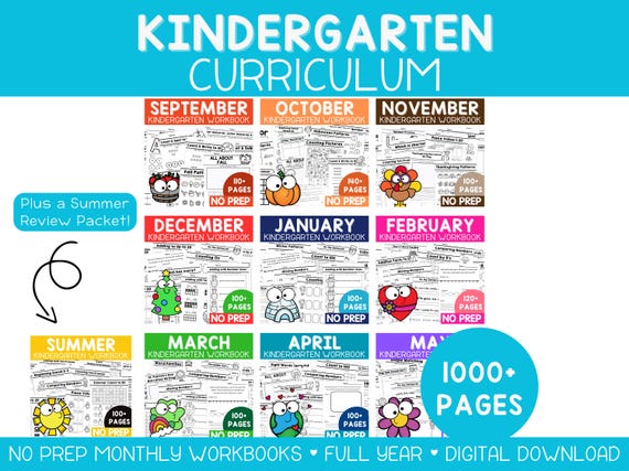 Kindergarten Curriculum with Lesson Plans & Worksheets Monthly Learning Binders or Workbooks