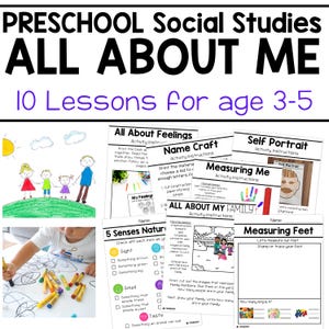 Könnte beinhalten: Vorschul-Sozialkunde-Arbeitsbuch "ALL ABOUT ME" mit 10 Lektionen für Kinder im Alter von 3-5 Jahren. Enthält Aktivitätsseiten zu Gefühlen, Basteln, Selbstporträts, Messen, Familie und Sinnen. Mit farbenfrohen Illustrationen.