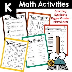 May include: A set of printable worksheets for kindergarten math activities. The worksheets feature fall-themed illustrations and focus on counting, subitizing, comparing numbers, and ten frames. The worksheets are designed to help children learn basic math skills.