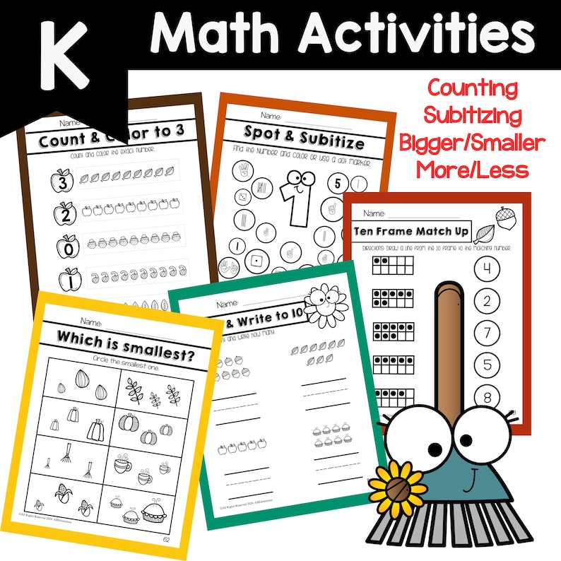 May include: A set of printable worksheets for kindergarten math activities. The worksheets feature fall-themed illustrations and focus on counting, subitizing, comparing numbers, and ten frames. The worksheets are designed to help children learn basic math skills.