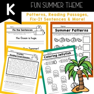 Peut inclure: Feuilles de travail &eacute;ducatives sur le th&egrave;me de l'&eacute;t&eacute; avec le texte "FUN SUMMER THEME" et "Patterns, Reading Passages, Fix-It Sentences & More!". Comprend des pages "Fix the Sentences", "Summer Patterns", "Reading Comprehension" et "Coloring Jellyfish".