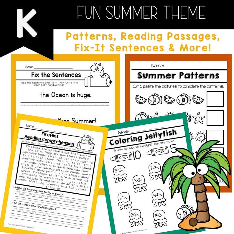 Peut inclure: Feuilles de travail &eacute;ducatives sur le th&egrave;me de l'&eacute;t&eacute; avec le texte "FUN SUMMER THEME" et "Patterns, Reading Passages, Fix-It Sentences & More!". Comprend des pages "Fix the Sentences", "Summer Patterns", "Reading Comprehension" et "Coloring Jellyfish".