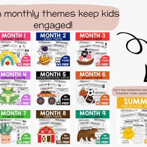 Complete preschool homeschool curriculum with 900+ pages of printable worksheets and activities. No prep monthly themes include school, space, pirate, fairytale, transportation, sports, plants, farm, forest, and summer review. Covers preschool skills like letter recognition, number practice, colors, shapes, patterns, scissor practice, tracing, and fine motor skills. Digital download perfect for preschool teachers, parents, and daycare providers.