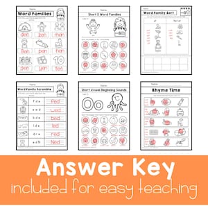 May include: Black and white printable worksheets for children to practise word families, short vowel sounds, and rhyming. The worksheets feature various images and words, such as "den", "zen", "men", "pen", "hen", "ten", "yen", "tem", "fed", "wed", "bed", "led", "red", "ned", "cut", "gum", "mad", "hen", "pen", "sun", "den", "ten", "win", "pin", "run", "fan", "can", "man", "van", "pan", "tan", "get", "set", "wet", "net", "jet", "let", "met", "bet", "yet", "pet".