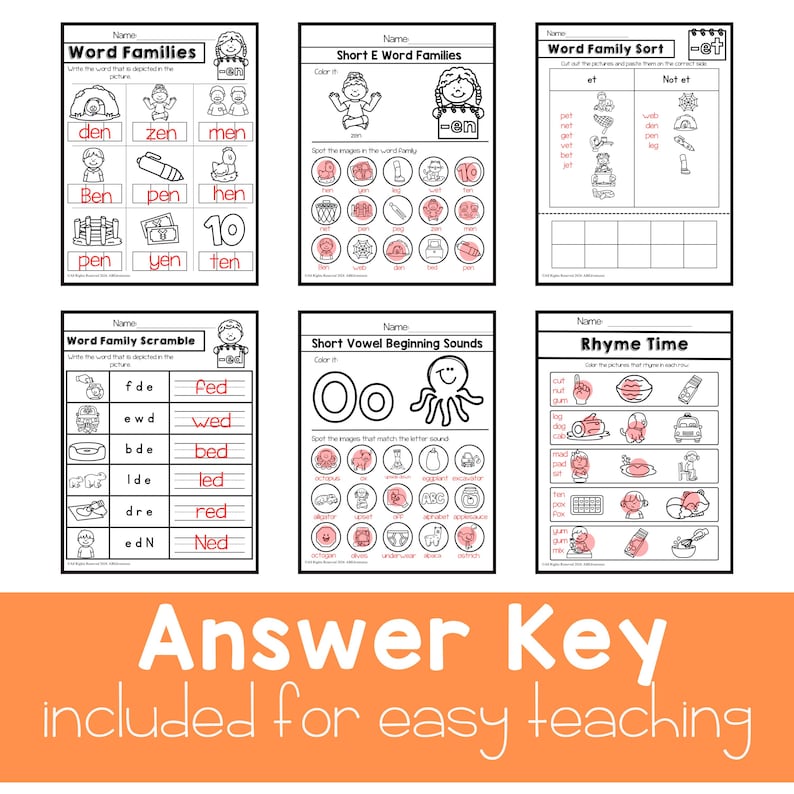 May include: Black and white printable worksheets for children to practise word families, short vowel sounds, and rhyming. The worksheets feature various images and words, such as "den", "zen", "men", "pen", "hen", "ten", "yen", "tem", "fed", "wed", "bed", "led", "red", "ned", "cut", "gum", "mad", "hen", "pen", "sun", "den", "ten", "win", "pin", "run", "fan", "can", "man", "van", "pan", "tan", "get", "set", "wet", "net", "jet", "let", "met", "bet", "yet", "pet".