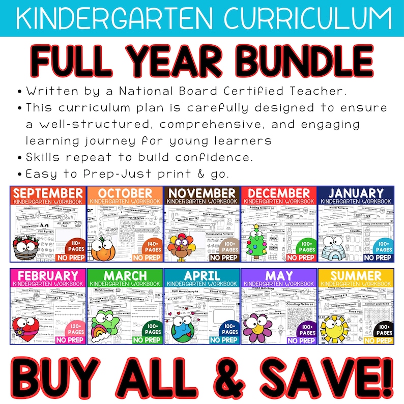 The Kindergarten Curriculum for Homeschool includes A set of 10 printable workbooks for Kindergarten children. Each workbook features a different month of the year.The workbooks are titled 'September Workbook', 'October Workbook', 'November Workbook', 'December Workbook', 'January Workbook', 'February Workbook', 'March Workbook', 'April Workbook', 'May Workbook', and 'Summer Review'. The workbooks are designed to help children learn and grow through fun activities and games.