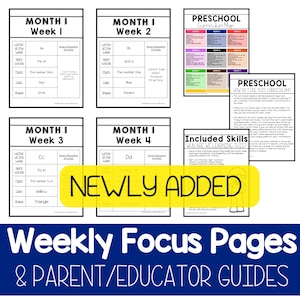 May include: A yellow and black graphic with the text "NEWLY ADDED" in large, bold letters. The graphic is overlaid on top of a set of four black and white printable worksheets for preschoolers. Each worksheet is labeled with "MONTH I" and a week number, and includes a table with the letter of the week, sight words, math concepts, color, and shape. The worksheets are part of a larger curriculum map for preschoolers.