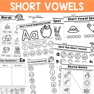 May include: Black and white printable worksheets for teaching short vowel sounds. The worksheets feature various activities such as colouring, matching, and sorting.