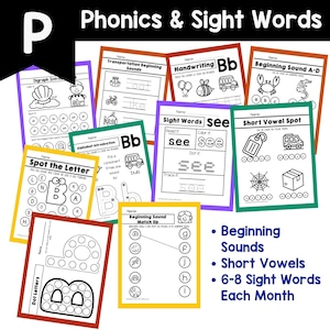 May include: A collection of colorful educational worksheets for phonics and sight words. The worksheets feature activities for beginning sounds, short vowels, and sight words. The image includes the text "Phonics & Sight Words" and "Beginning Sounds, Short Vowels, 6-8 Sight Words Each Month."