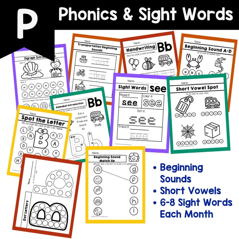 May include: A collection of colorful educational worksheets for phonics and sight words. The worksheets feature activities for beginning sounds, short vowels, and sight words. The image includes the text "Phonics & Sight Words" and "Beginning Sounds, Short Vowels, 6-8 Sight Words Each Month."