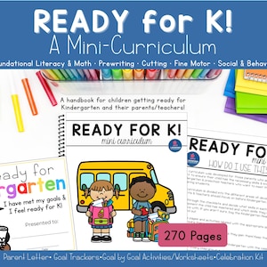 May include: A blue educational resource titled "READY for K! A Mini-Curriculum" with text about foundational literacy, math, prewriting, cutting, fine motor, and social behavior. Includes a handbook, worksheets, and a goal tracker for children preparing for kindergarten.