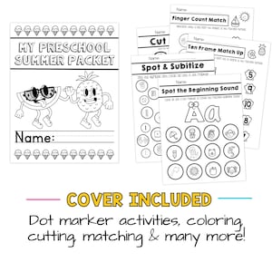 May include: Black and white preschool summer packet with a watermelon and pineapple cartoon. The packet includes activities like dot marker, coloring, cutting, and matching. The cover is included.