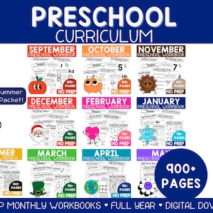 May include: A colorful preschool curriculum graphic with the title "Preschool Curriculum" in large blue letters. The image features monthly workbooks from September to May, with a summer review packet. The workbooks have a variety of themes and activities.