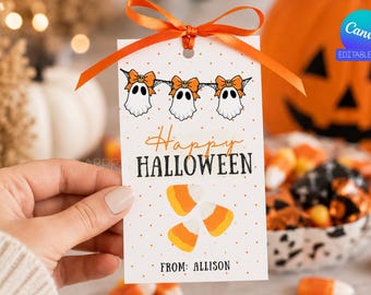Editable Halloween Gift Tags for Kids, Cute Ghost Halloween Treat Tags, Candy Corn Favor Tags, Classroom Halloween Tags, Canva Template