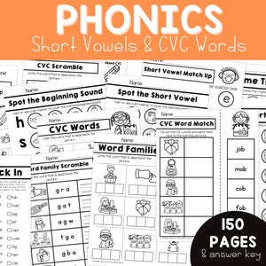May include: Black and white printable phonics worksheets for children. The worksheets feature CVC words, short vowel sounds, and word families. There are 150 pages and an answer key included.