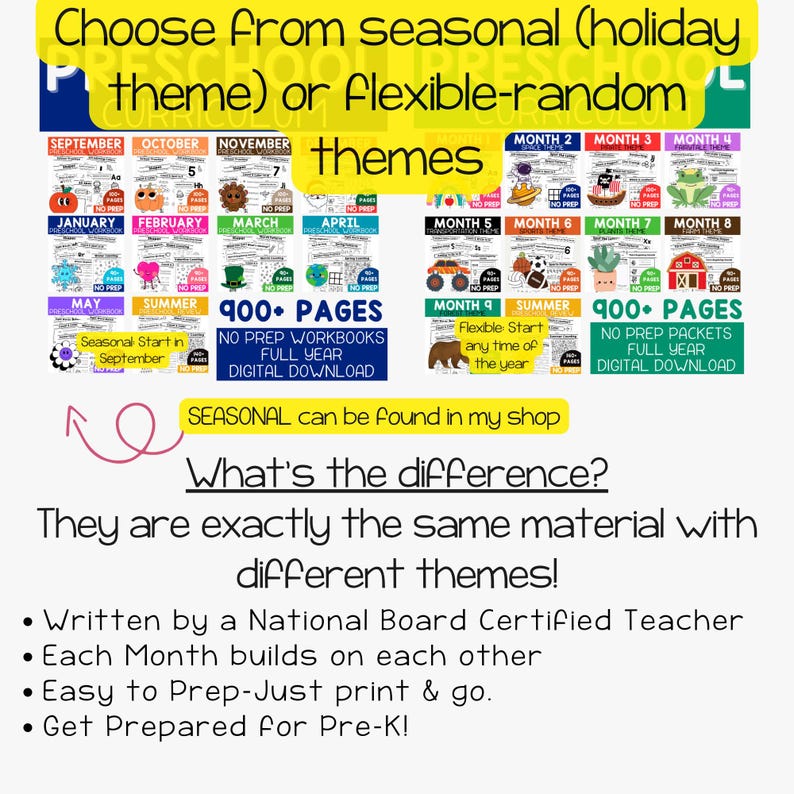 Preschool curriculum digital download with over 900 pages of worksheets and activities. Monthly no prep packets include themes: school, space, pirate, fairytale, transportation, sports, plants, farm, and forest plus summer review. Preschool activities for homeschool or classroom include alphabet letters, numbers, shapes, colors, tracing, cutting, and patterns. Perfect for preschool teachers, Pre-K parents, and daycare providers.
