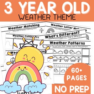 Op de afbeelding: Zwart-witte printbare werkbladen voor 3-jarigen over het thema weer. De werkbladen bevatten activiteiten zoals matchen, knippen en verschillen identificeren. De tekst op de werkbladen is "Weather Matching", "Weather Cutting Pro", "Weather Letter Matching", "What's Different?" en "Weather Patterns".