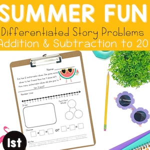 Könnte beinhalten: Ein Klemmbrett mit einem Mathe-Arbeitsblatt mit dem Titel "Summer Fun" mit Additions- und Subtraktionsaufgaben. Das Arbeitsblatt enthält eine Zahlenlinie, einen Zeichenbereich und ein Teil-Teil-Ganzes-Diagramm. Eine Wassermelonen-Grafik ist enthalten.