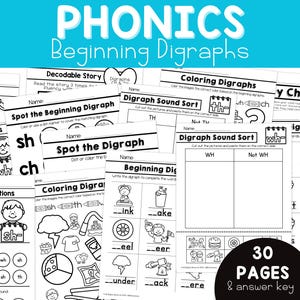 May include: Black and white printable worksheets for teaching beginning digraphs, including 'sh', 'ch', 'wh', and 'th'. The worksheets feature various activities such as colouring, sorting, and matching.