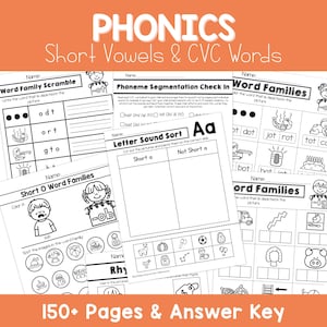May include: Black and white printable phonics worksheets for kids. The worksheets feature CVC words, short vowel sounds, and word families. There are 150 pages and an answer key included.